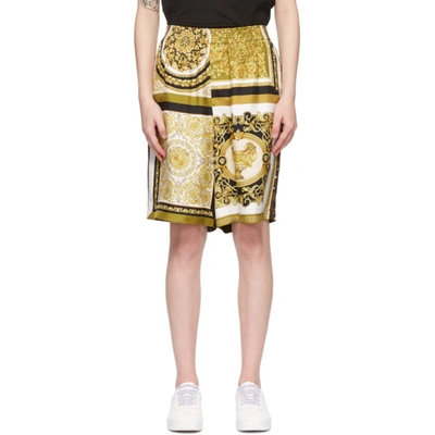 Versace White & Yellow Silk Barocco Acanthus Shorts In 5n030 Gold