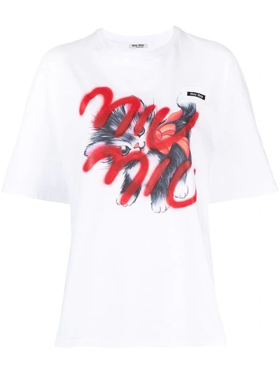Miu Miu Kitten-print T-shirt In White