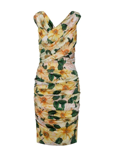 Dolce & Gabbana Camellia-print Satin Midi Dress With Draping In Multicolor