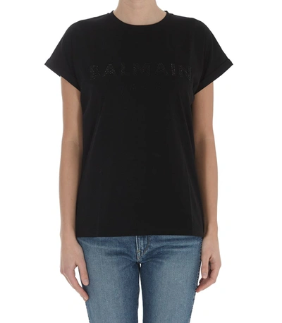 Balmain Logo Embellished Crewneck T In Black