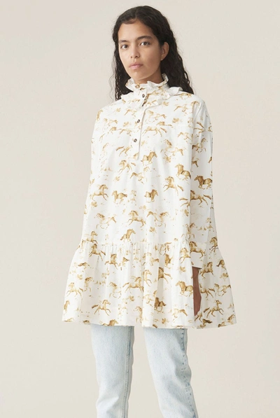 Ganni Animal Print Ruffle Collar Long Sleeve Organic Cotton Poplin Dress In White