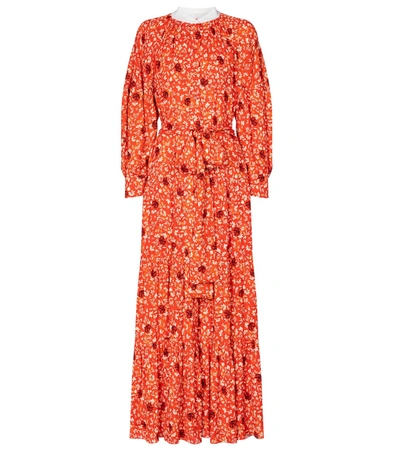 Chloé Floral-print Long-sleeve Tiered Maxi Dress In Orange