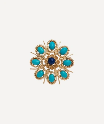 Kojis Gold 1960s Lapis Lazuli And Turquoise Flower Brooch