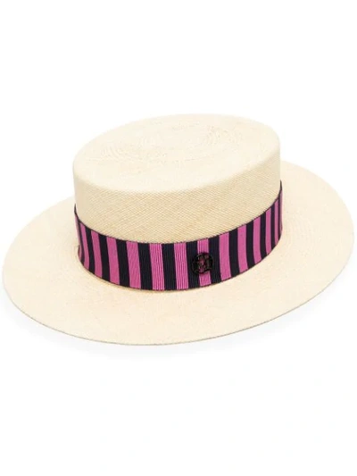 Maison Michel Kiki Striped-band Straw Boater Hat In Beige