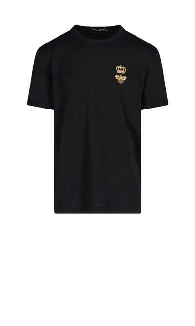 Dolce & Gabbana Black Cotton T-shirt With Crown And Bee Embroidery