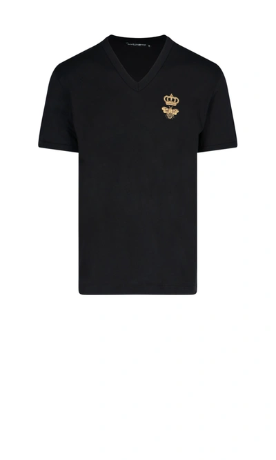Dolce & Gabbana Black Cotton T-shirt With Crown And Bee Embroidery