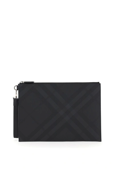 Burberry Edin Large Pouch London Check In Dark Charcoal (grey)