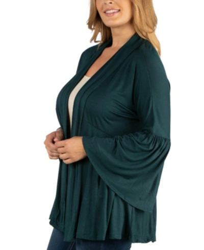24seven Comfort Apparel Long Flared Sleeve Open Front Plus Size Cardigan In Dark Green