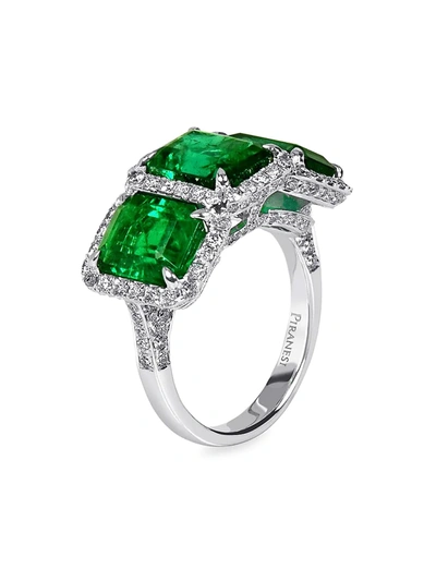 Piranesi Couture Classico 18k White Gold, Emerald, And Diamond 3-stone Ring