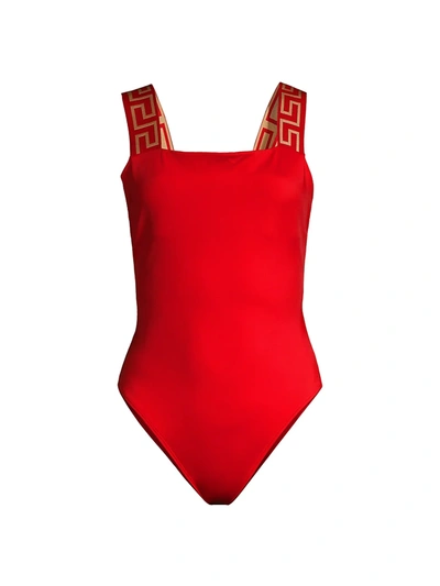 Versace Greca 肩带连体泳衣 In Red
