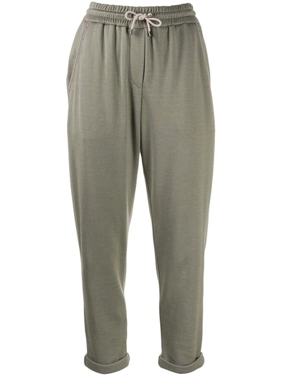 Brunello Cucinelli Bead-embellished Cotton-blend Jersey Track Pants In Military Green