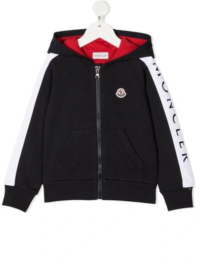 Moncler Kids' Bicolor Cotton Hoodie With Logo Patch In Navy