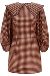 Ganni Black & Orange Seersucker Check Collar Mini Dress In Flame (orange)
