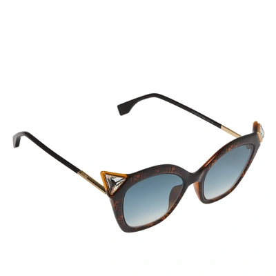 Pre-owned Fendi Dark Zucca Havana/ Blue Gradient Ff0357/g/s Crystal Cateye Sunglasses