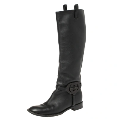 Pre-owned Gucci Black Leather Interlocking G Mid Calf Boots Size 35