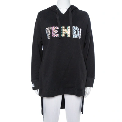 Pre-owned Fendi Black Cotton Logo Studded Long Hoodie S