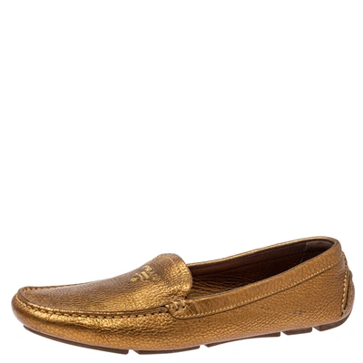 Pre-owned Prada Gold Leather Loafers Size 38.5