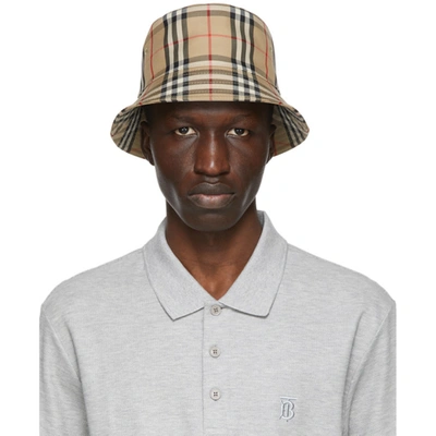 Burberry Check Cotton Blend Bucket Hat In Beige