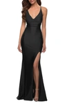 La Femme Plunging Neck High Slit Strappy Back Gown Dress In Black In Black