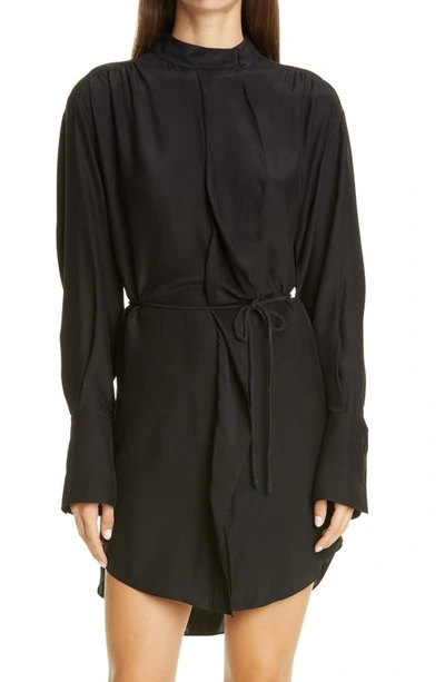Frame Cravat Long Sleeve Silk Mini Shirtdress In Noir