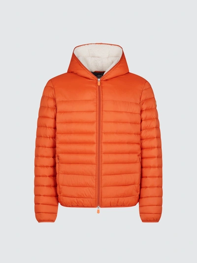 Save The Duck Men's Giga Winter Hooded Puffer Jacket With Faux Sherpa Lining In Orange