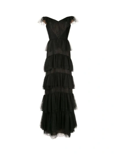 Marchesa Ruffle Tiered Glitter Texture Gown In Black