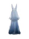 Marchesa Notte V-neck Two Tiered Ombre Gown In Blue