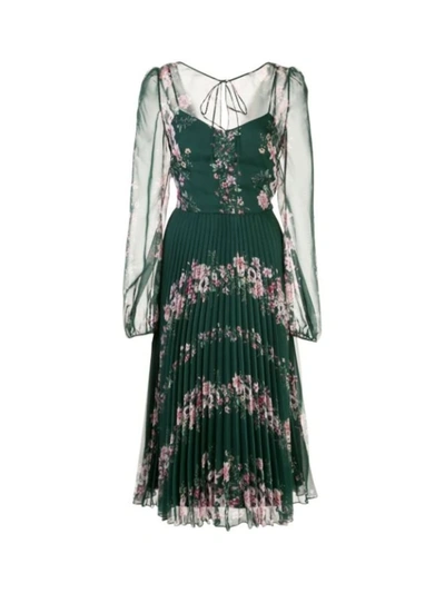 Marchesa Notte Pleated Chiffon Cocktail Dress In Green