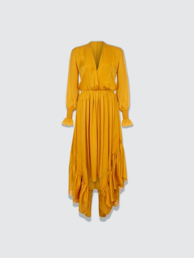 Arje Arjé The Indira Oriental Silk Long Ruffle Dress In Yellow
