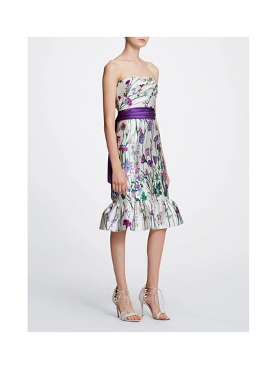 Marchesa Strapless Printed Floral Cocktail In White