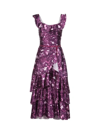 Marchesa Notte Floral Print Charm Ruffle Cocktail Dress In Purple
