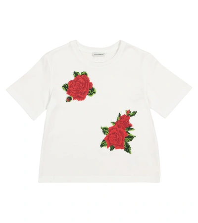 Dolce & Gabbana Kids' 花卉贴花棉质针织t恤 In White