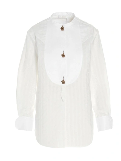 Chloé Embellished Striped Cotton-jacquard Shirt In White