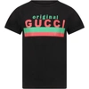 GUCCI BLACK T-SHIRT FOR KIDS WITH LOGO,11680363