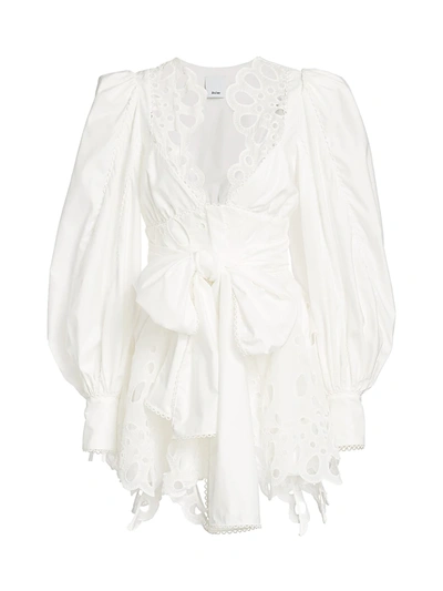 Acler Vicount V-neck Lace Eyelet-trim Puff-sleeve Tie-waist Mini A-line Dress In Ivory