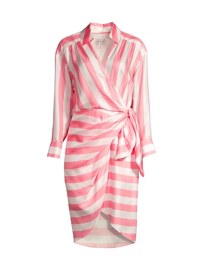 Milly Printed Striped Silk Wrap Dress In Candy Pink