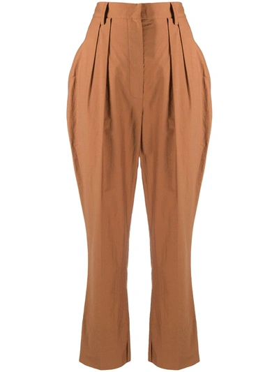 Nanushka Cropped Pleated Cotton-blend Tapered Pants In Brown