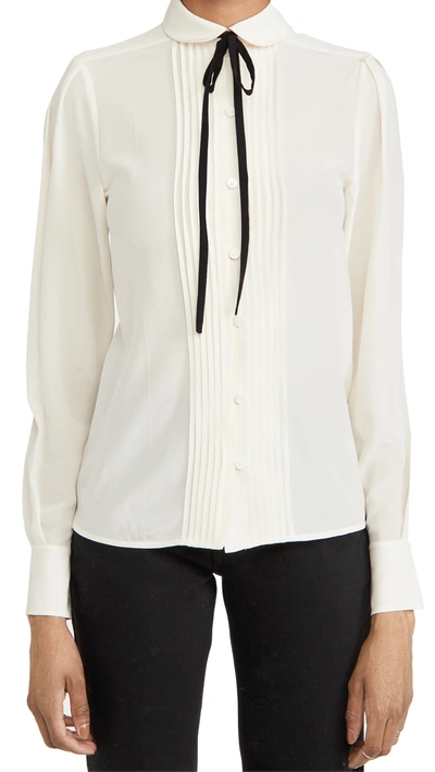 Victoria Beckham Contrast Ties Pleated Front Silk Shirt In Ivory