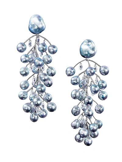 Assael Women's Winter Branches Platinum, 7.7-18mm Blue Pearl & Diamond Clip-on Linear Earrings