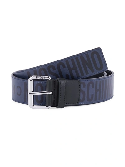 Moschino Men's Allover Logo Leather Belt In Blue Multi