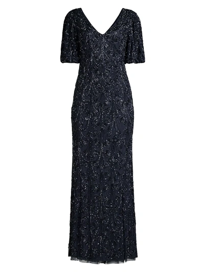 Aidan Mattox Embellished Flutter-sleeve Gown In Twilight