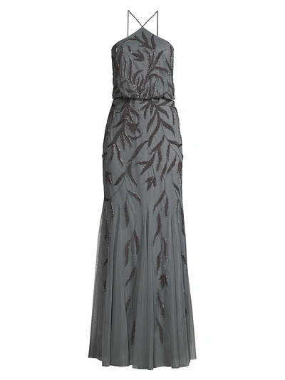 Aidan Mattox Halterneck Beaded Gown In Slate