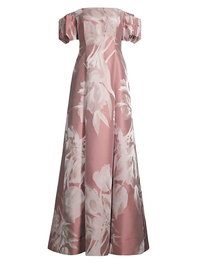 Aidan Mattox Off-the-shoulder Gathered Sleeve Floral Jacquard Gown In Blush Multi