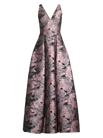 Aidan Mattox V-neck Floral Jacquard Gown In Pinkgreen Multi
