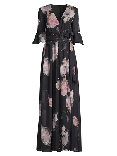 Aidan Mattox Floral-printed Puff-sleeve Chiffon Gown In Black Multi