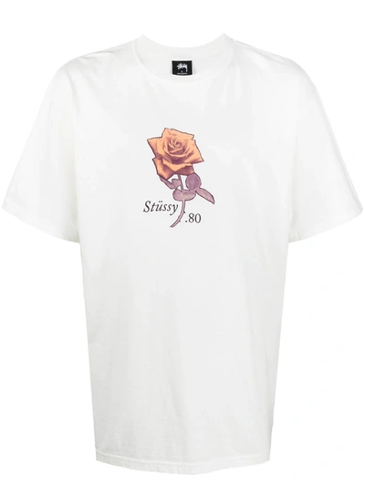 Stussy Rose-print Crew Neck T-shirt In White