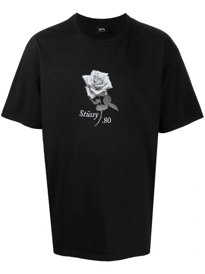 Stussy Rose-print Crew Neck T-shirt In Black