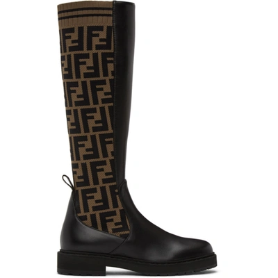 Fendi Rockoko Logo Sock Knee High Boot In Black,brown