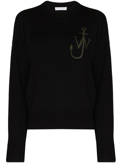 Jw Anderson Anchor Logo Wool Knit Crewneck Sweater In Black