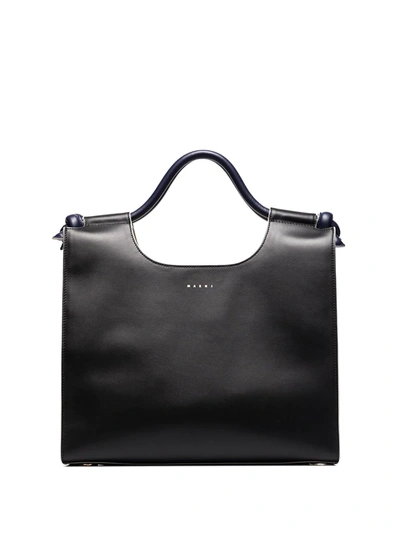 Marni Black Marcel Knot Leather Tote Bag In Blue